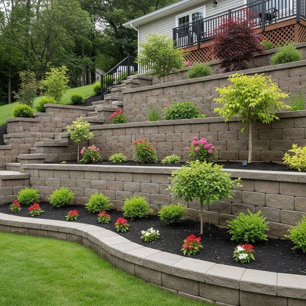 Terraced stone retaining wall in a residential garden Terraced stone retaining wall in a residential garden