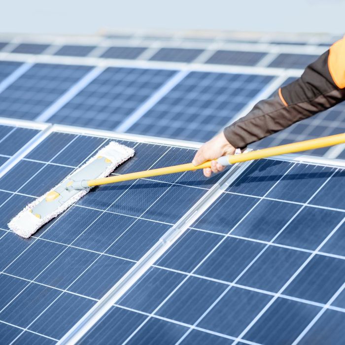person cleaning solar panels