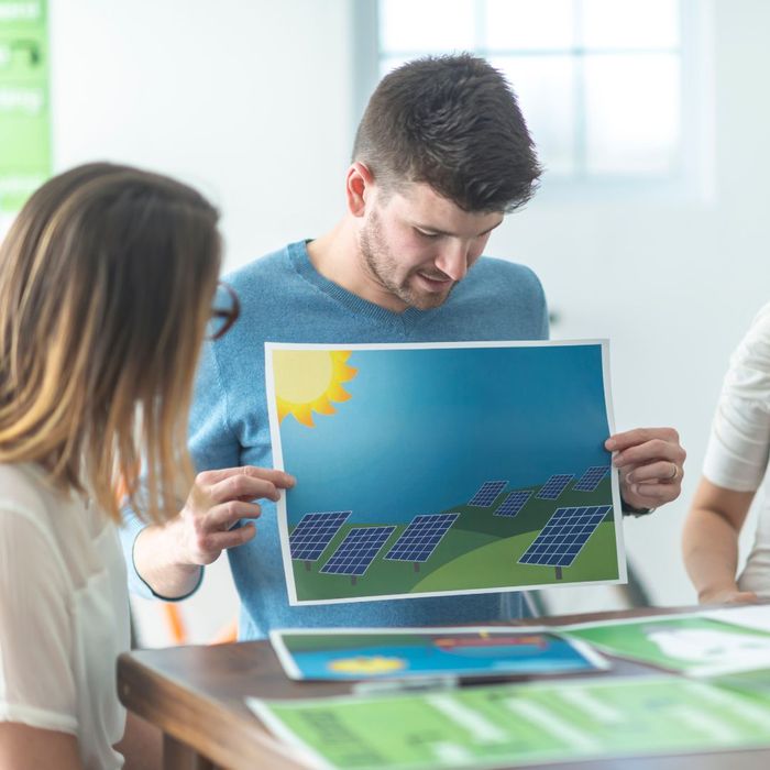 person sharing a graphic of solar panel field person sharing a graphic of solar panel field
