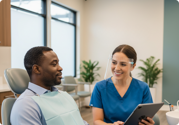 A friendly female dental professional wearing a face shield smiles and discusses treatment options with a calm male patient in a modern, clean dental office, gesturing towards information on a tablet.