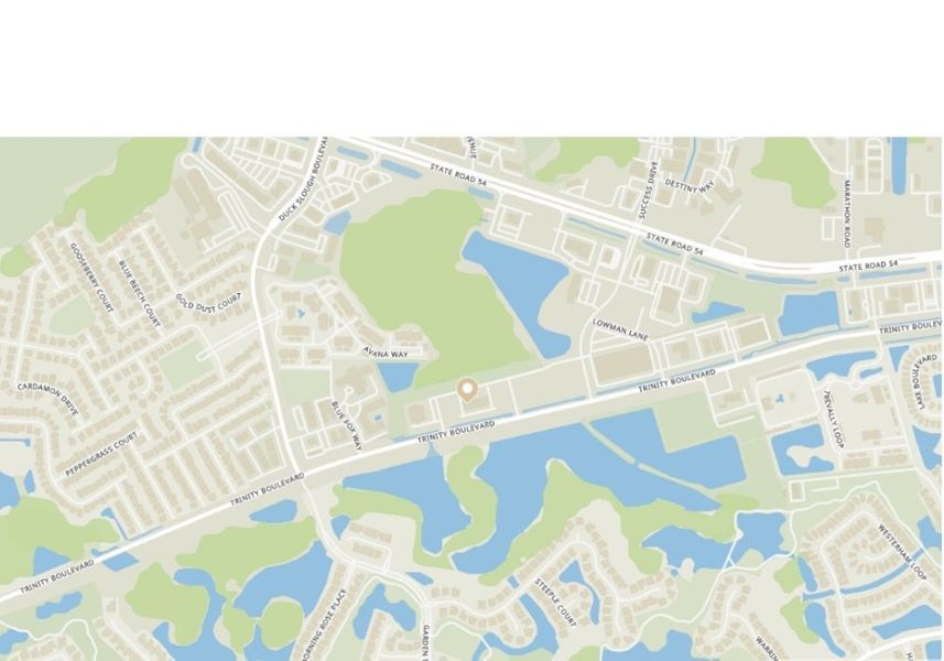 A light-colored map of the Trinity area, highlighting Trinity Boulevard as a main road, with various residential developments, green spaces, and numerous small lakes and ponds.