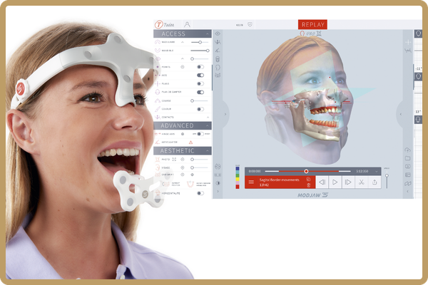 Smiling patient wearing a MODjaw 4D tracking device to plan custom dental implants at Fixed New Teeth.