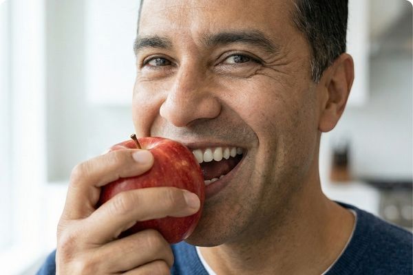 man biting into apple