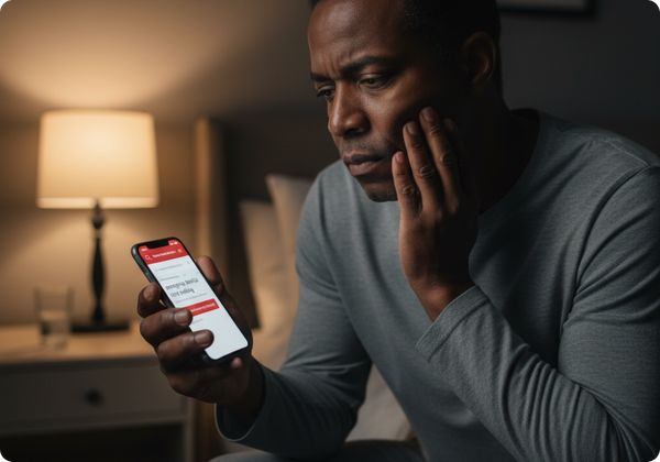 A man sitting on his bed in a dimly lit room at night, holding his jaw