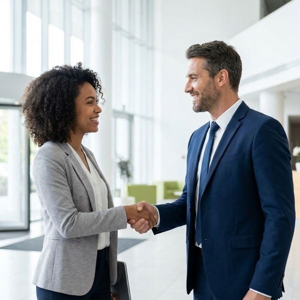 Two professionals smiling warmly while shaking hands in a bright modern lobby.
