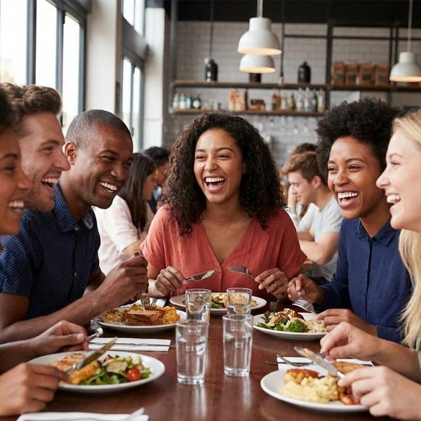 A diverse group of friends laughing openly and enjoying a meal at a restaurant table.