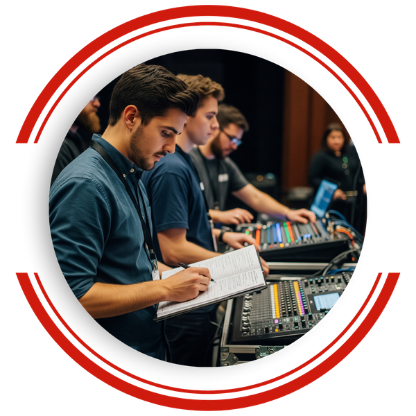 Technicians operating sound and lighting boards