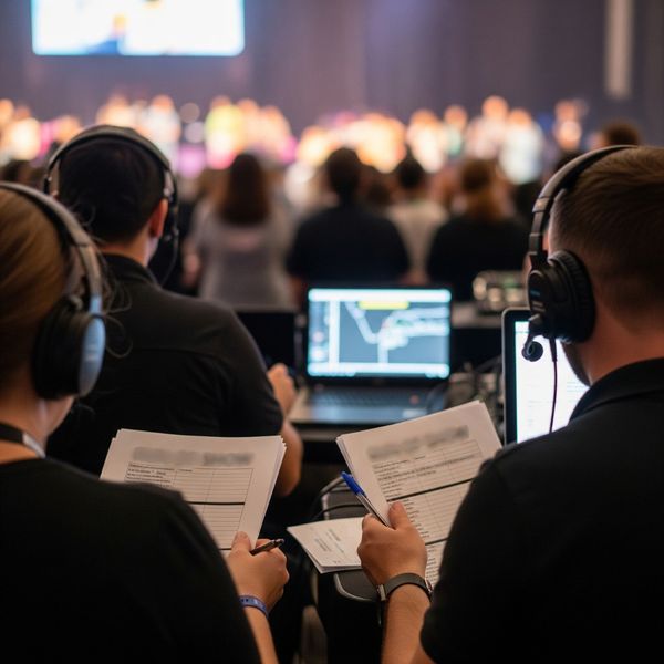 Behind-the-scenes event production team with run-of-show paperwork and headsets