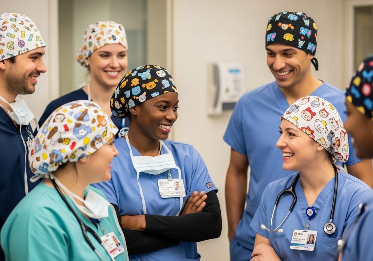 Medical professionals in scrubs and patterned caps