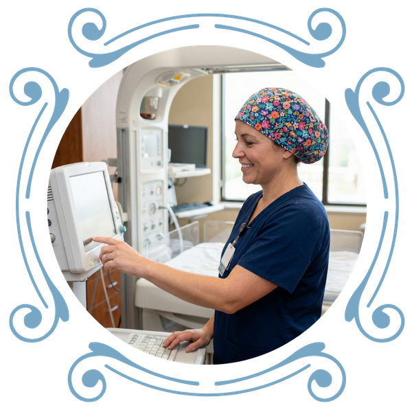 A medical professional wearing a comfortable L&D scrub cap while working in a hospital unit.