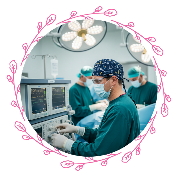 An anesthesia provider wearing a scrub cap during a procedure in an operating room.