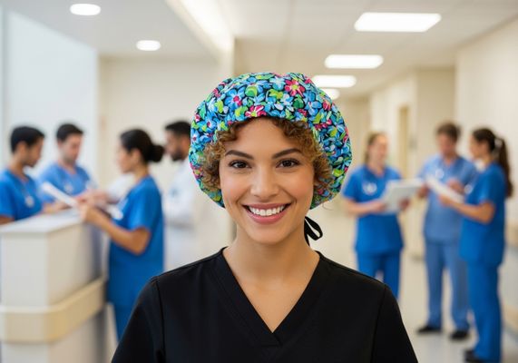 Smiling Nurse in Floral Scrub Cap