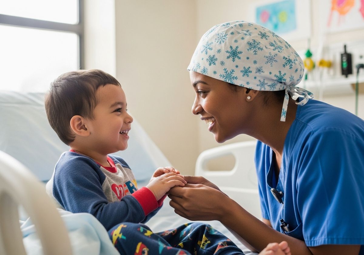 Smiling child and nurse hold hands in hospital