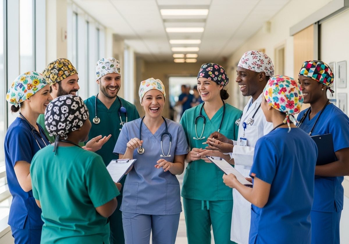 Team of Healthcare Workers Laughing in Hospital Hallway