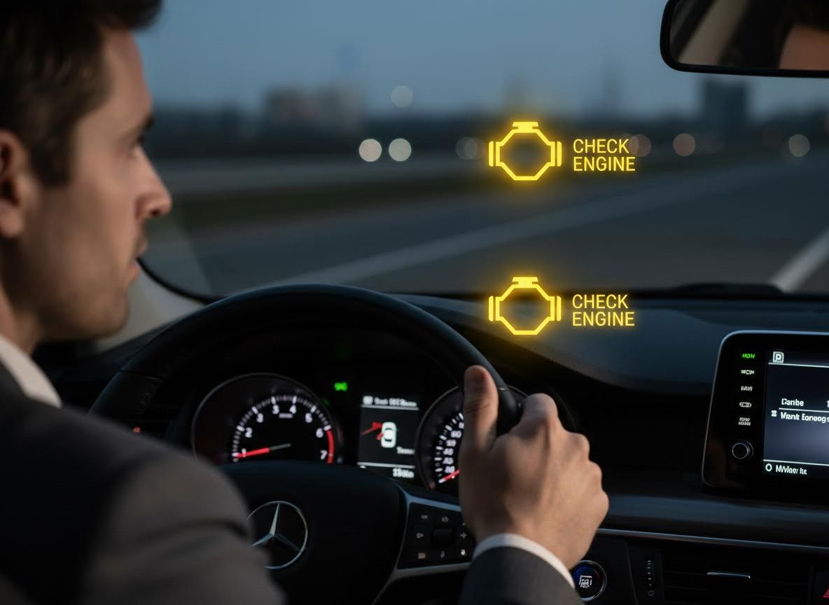 Man Driving Mercedes with Augmented Reality Check Engine Warning