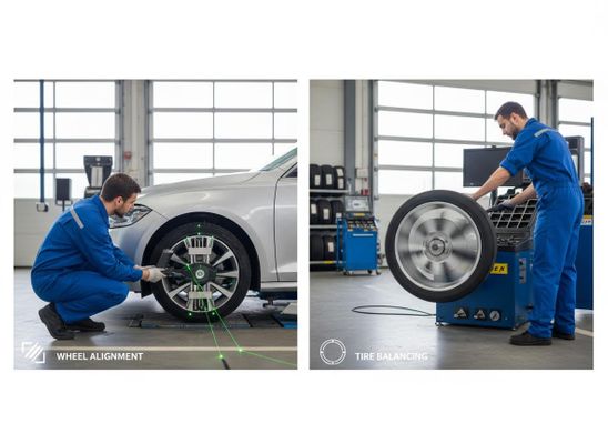 Two scenes: a mechanic using laser equipment to align a car wheel, and another balancing a spinning tire on a machine. Automotive Wheel Alignment and Tire Balancing Services