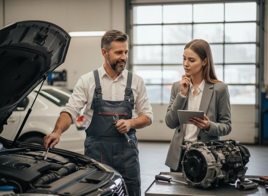 Mechanic Discussing Car Repair with Female Client