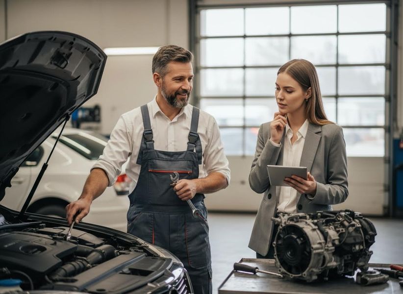 Mechanic Discussing Car Repair with Female Client
