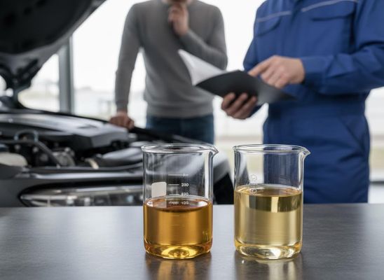 Mechanic presenting car fluid samples to customer