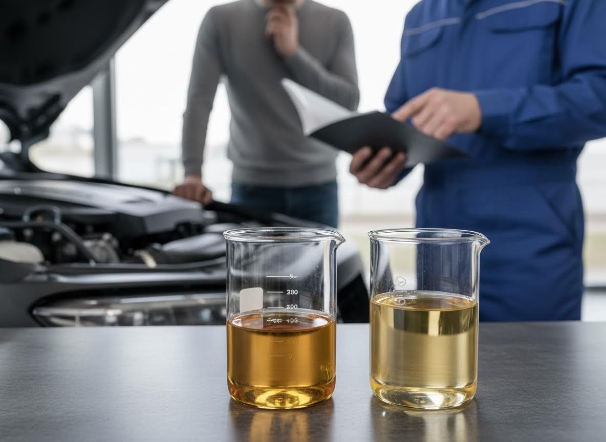 Mechanic presenting car fluid samples to customer
