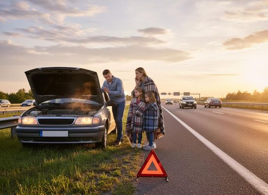 Family with Broken Down Car on Highway