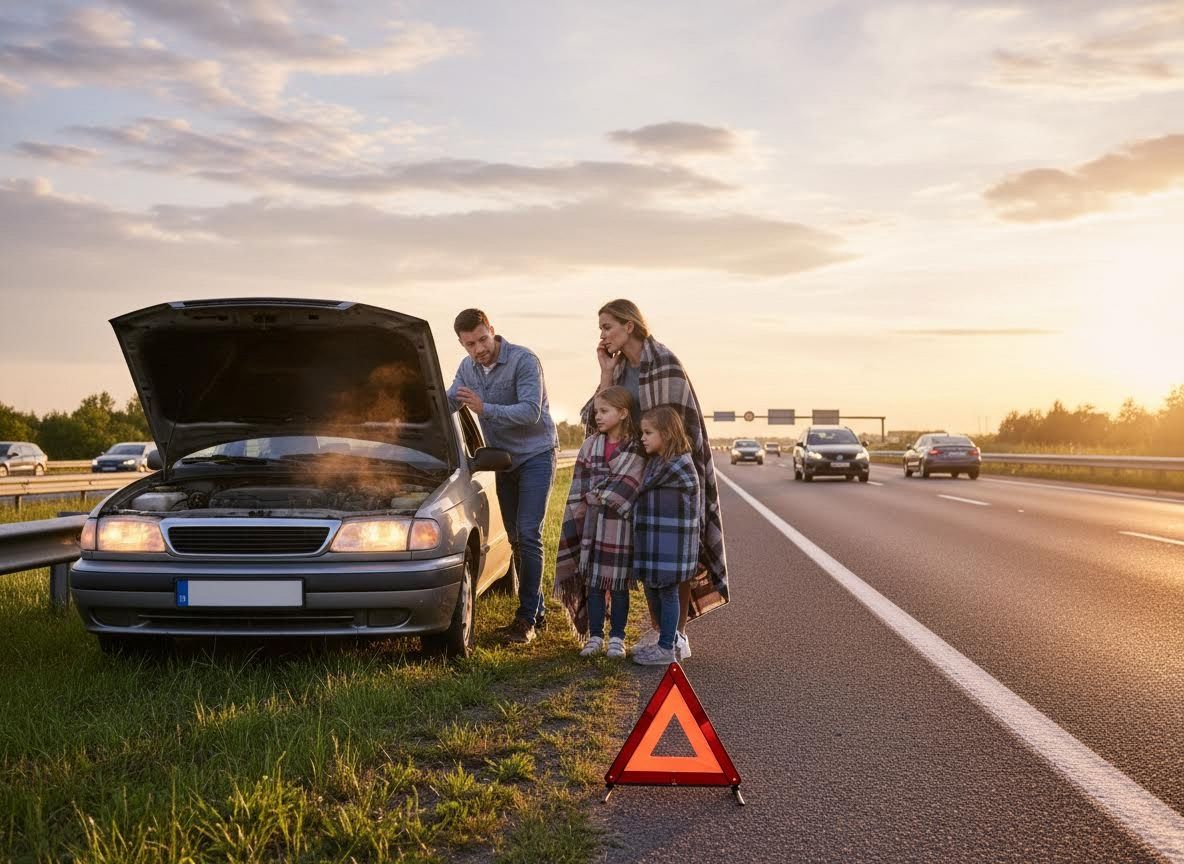 Family with Broken Down Car on Highway