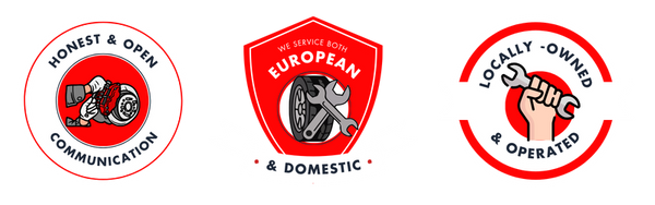 A row of three red, white, and black trust badges. The first shows hands repairing a brake caliper with the text 'Honest & Open Communication'. The second is a shield showing a tire and crossed wrenches with the text 'We Service Both European & Domestic'. 