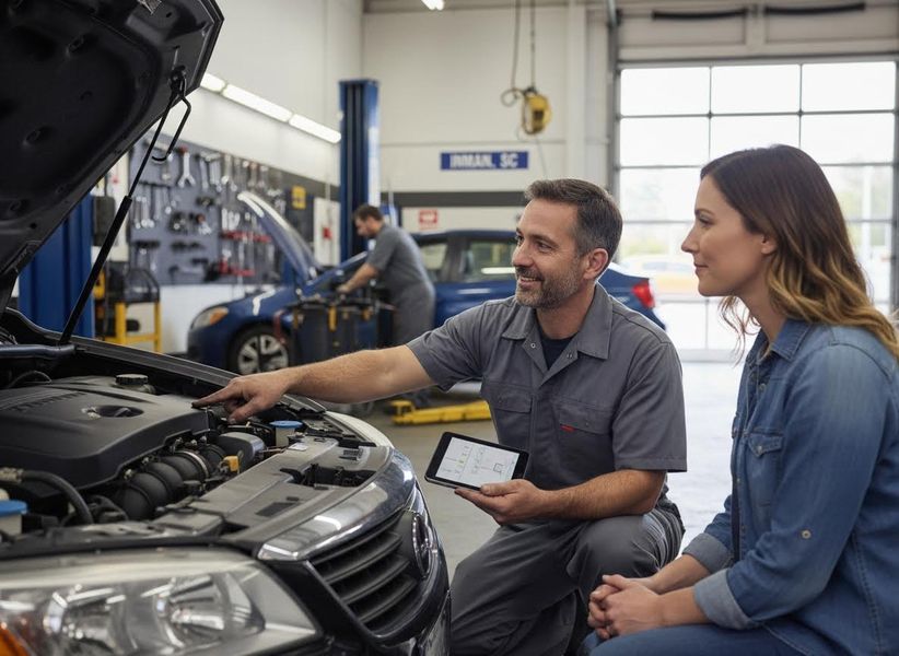 A male mechanic points to an open car engine while showing a diagram on a tablet to a female customer in a clean auto repair shop. Mechanic explaining car engine issues to a customer