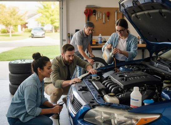 A family of three performing car maintenance. A woman pours oil into a car engine, another checks tire pressure, and a man assists. Family doing car maintenance in a home garage
