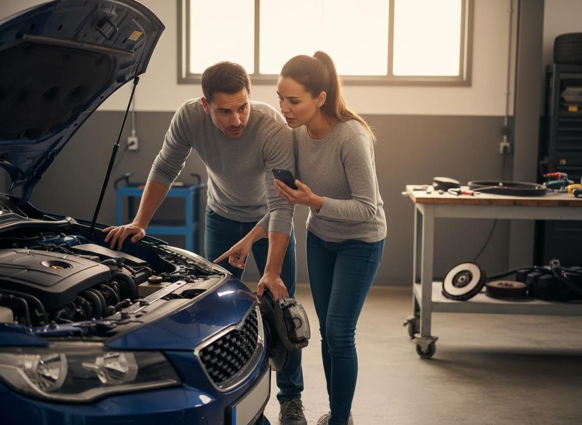 Couple Troubleshooting Car Engine with Smartphone