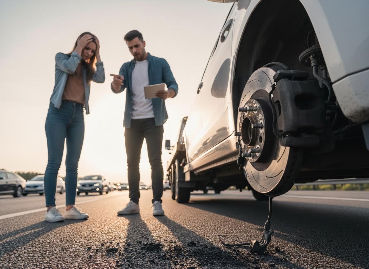 Couple with broken down car and missing wheel on highway