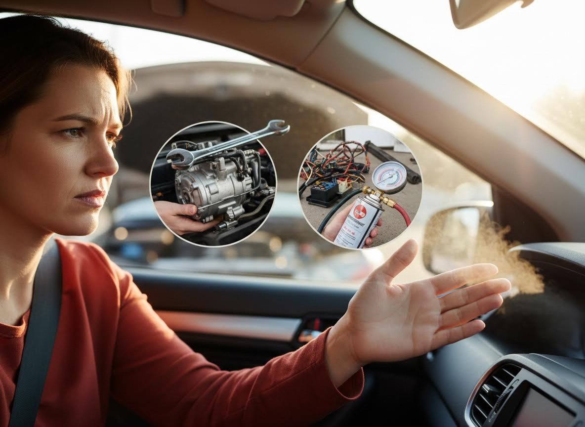 Woman frustrated by car AC issues, with insets showing repairs and refrigerant