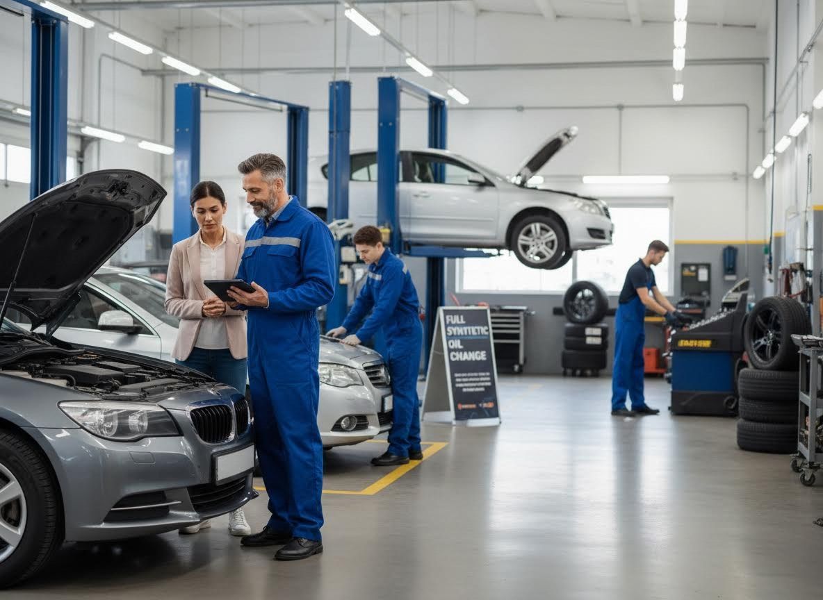 Mechanic explaining car service to a customer at an auto repair shop
