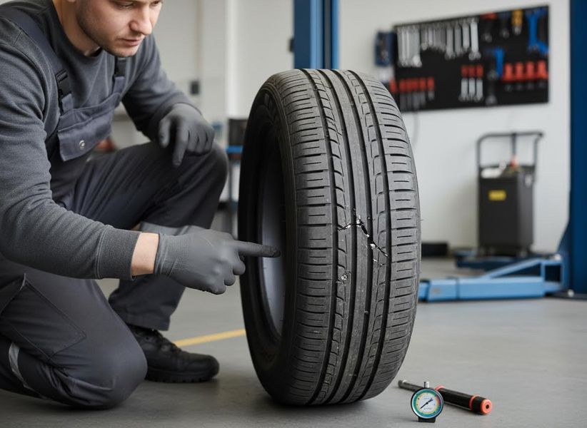 A mechanic in grey uniform and gloves kneels, pointing at significant cracks and wear on a car tire's tread in an auto repair shop. Mechanic Inspecting Severely Damaged Car Tire