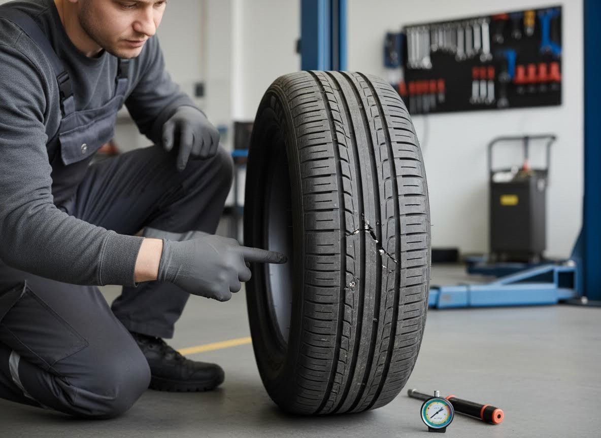 Mechanic Inspecting Severely Damaged Car Tire