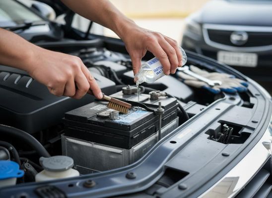 Hands clean a car battery, brushing off corrosion and pouring distilled water from a bottle to maintain the terminals. Car Battery Cleaning and Maintenance