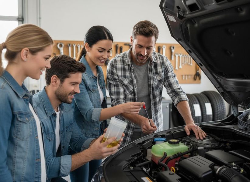 Four people, including two men and two women, inspecting a car engine in a garage. One man holds a dipstick, another holds oil. Group Learning Car Engine Maintenance