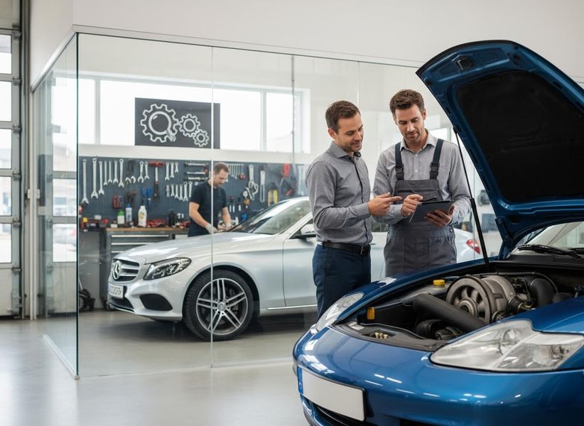An auto mechanic and a customer discuss car repair details on a tablet in a service center, with a blue car's hood open and another mechanic working in the background. Mechanic and Customer Reviewing Car Repair Details