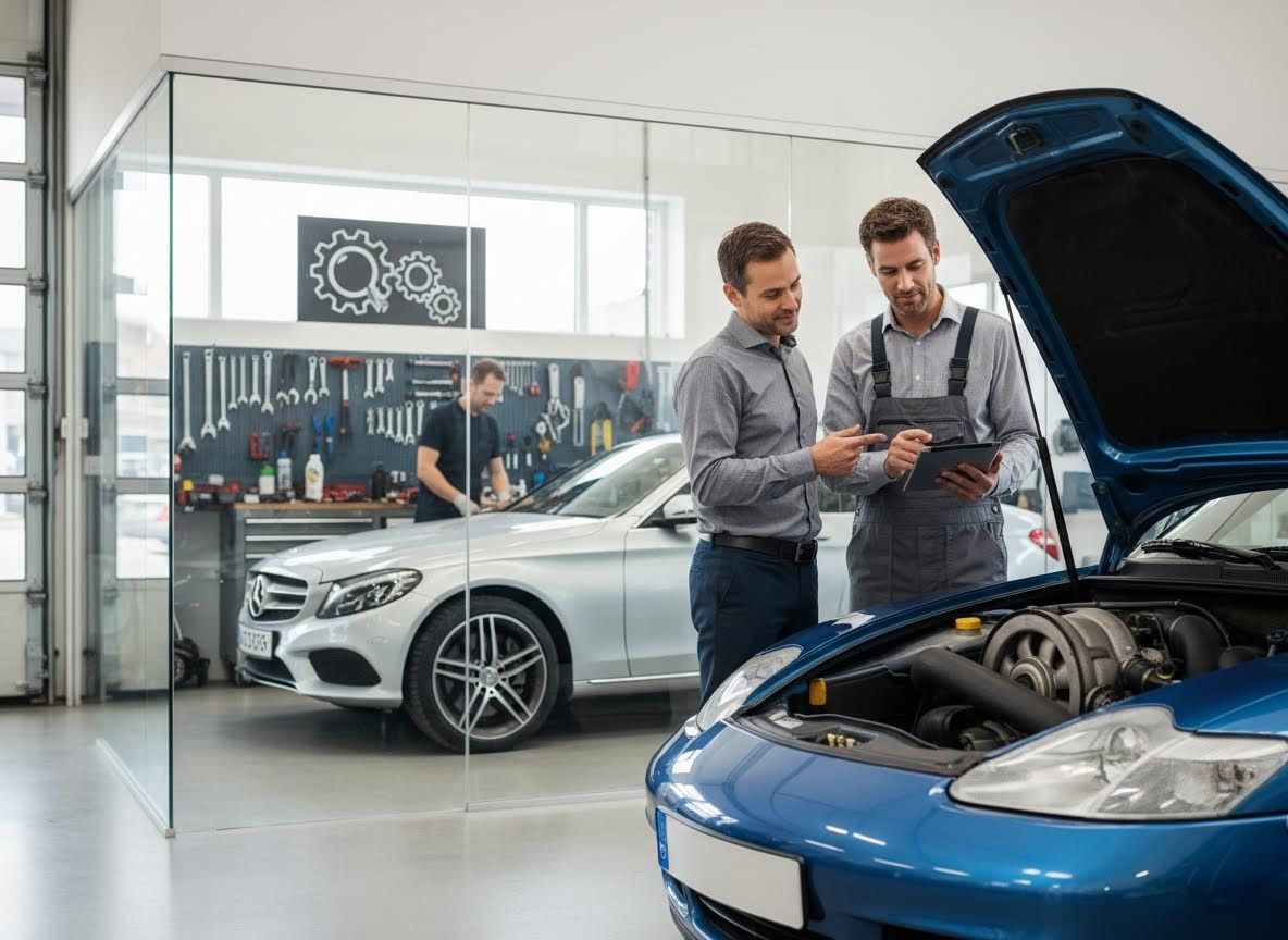 Mechanic and Customer Reviewing Car Repair Details