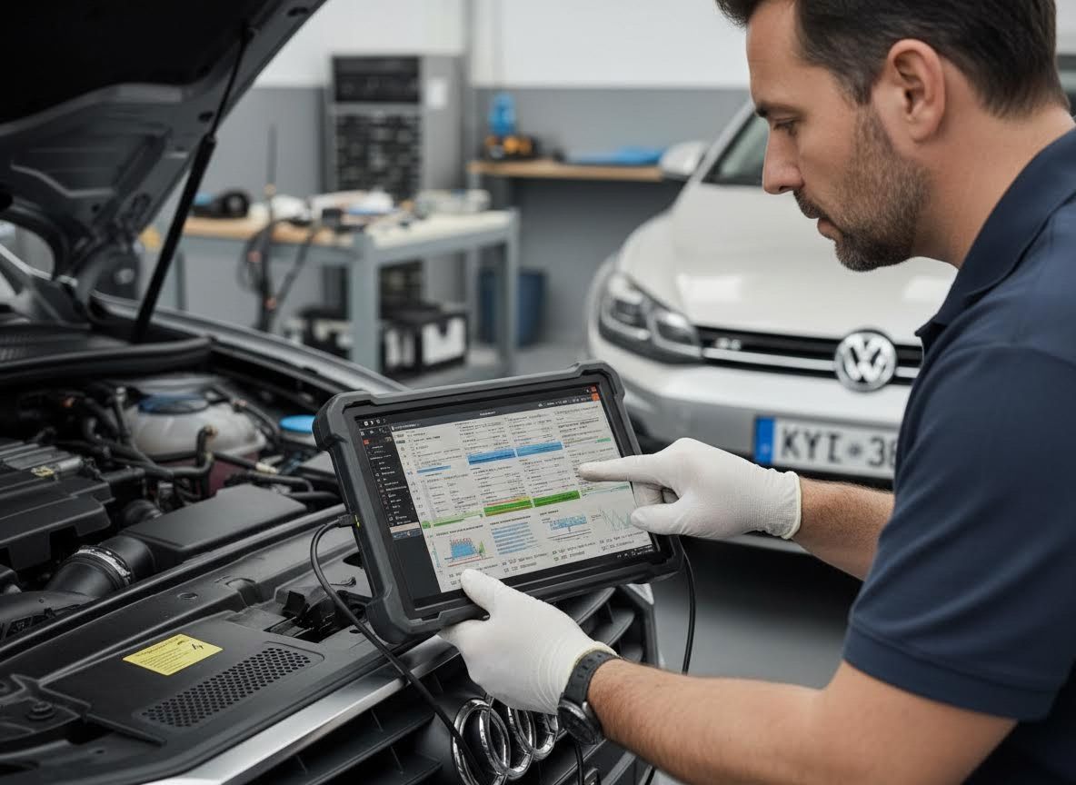Automotive Technician Diagnosing Car with Tablet