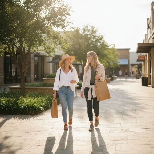 two woman shopping in outdoor mall