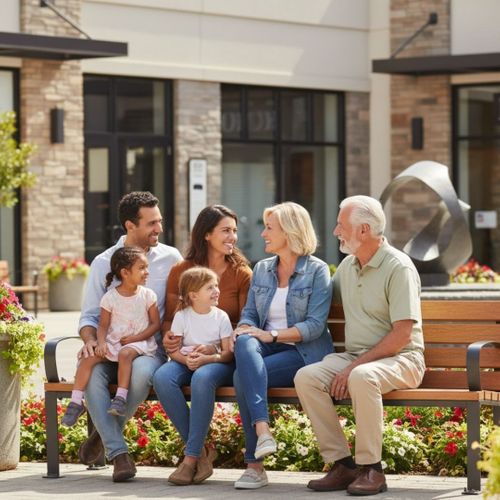 family sitting on bench in an outdoor mall area