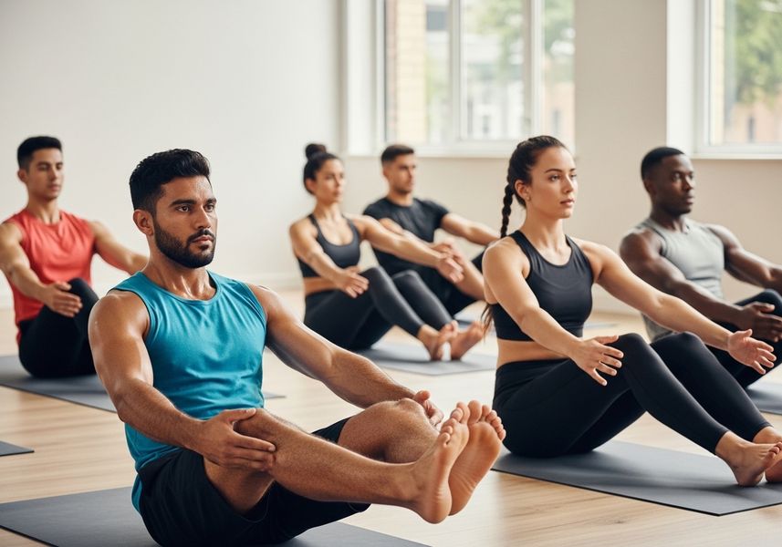 Yoga Class Performing Boat Pose