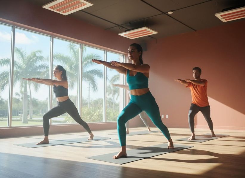 Group practicing hot yoga in a sunlit studio with a tropical view