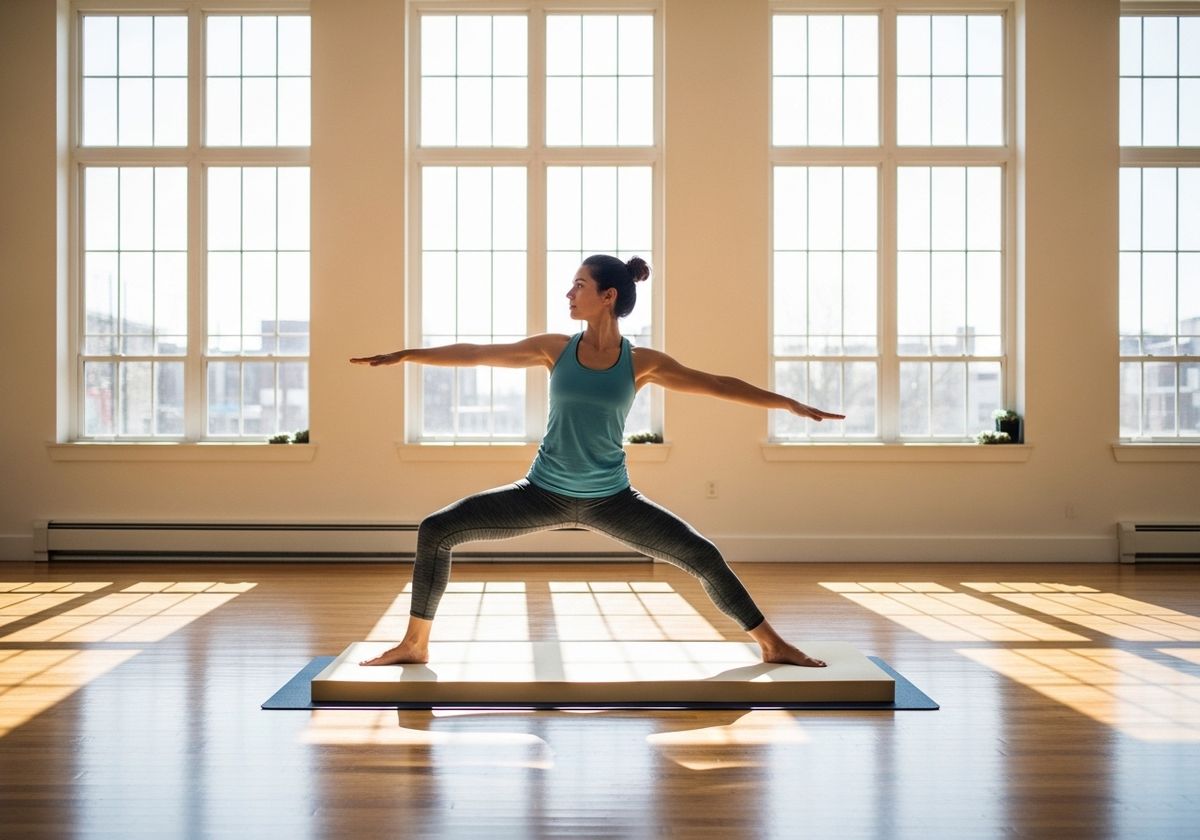 Woman in Warrior II Pose in Sunlit Studio