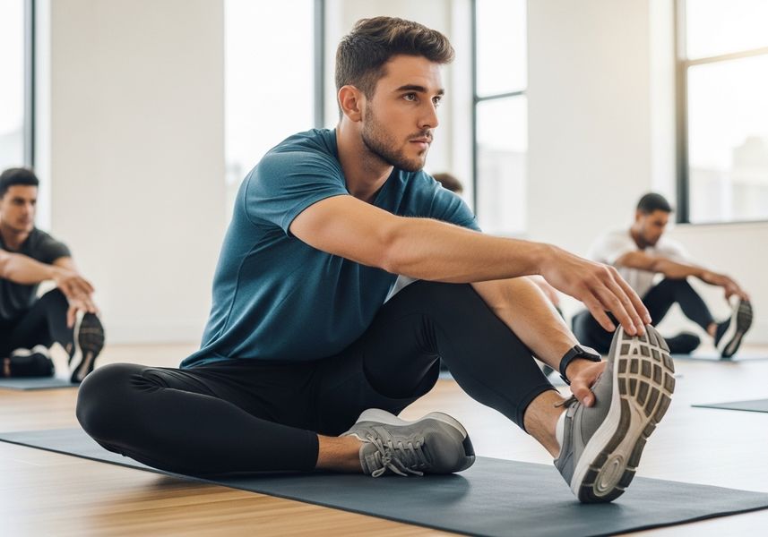Men Stretching on Yoga Mats in Bright Studio
