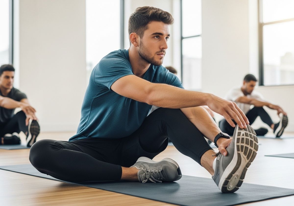 Men Stretching on Yoga Mats in Bright Studio