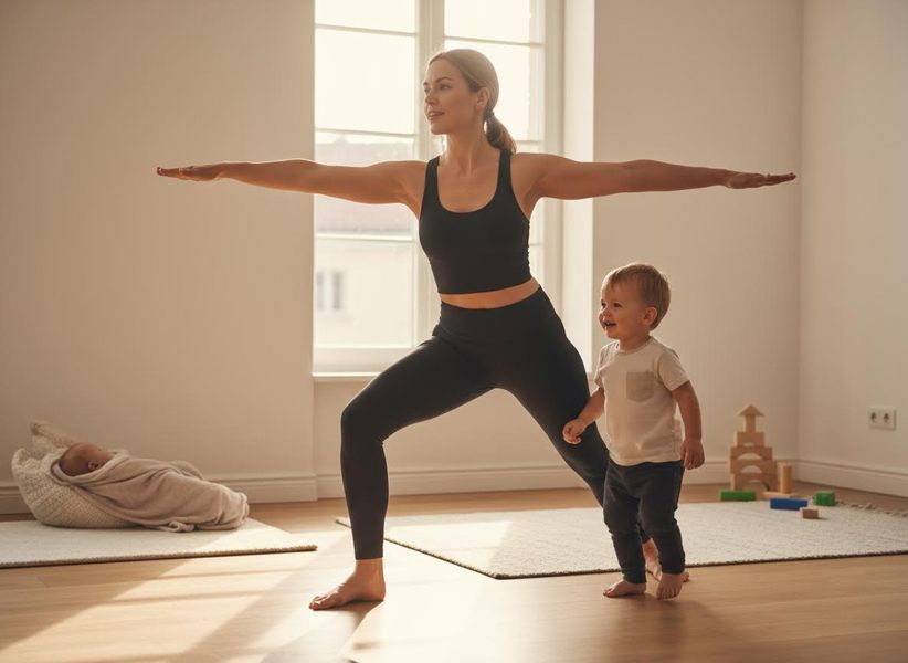 A mother practices Warrior II yoga pose at home while her smiling toddler stands nearby and a baby sleeps in a basket. Woman doing yoga with children at home