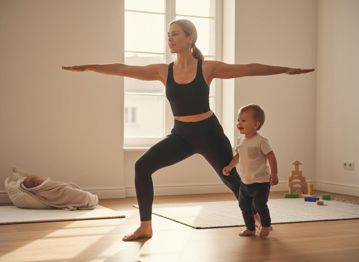 Woman doing yoga with children at home
