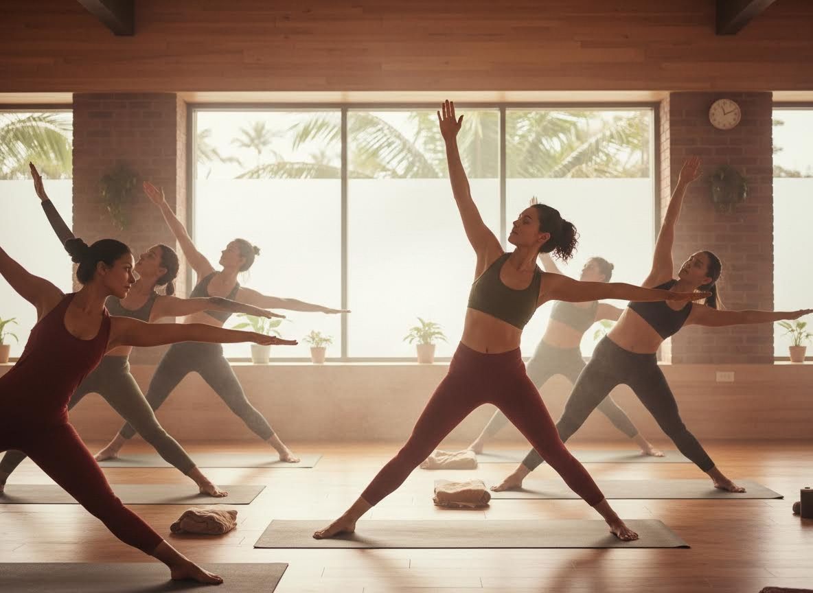 Women practicing yoga in a bright studio